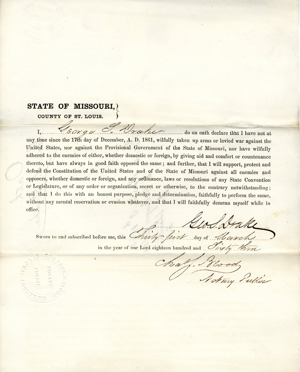 Serment de loyauté de George S. Drake du Missouri, Comté de St. Louis - George S. Drake