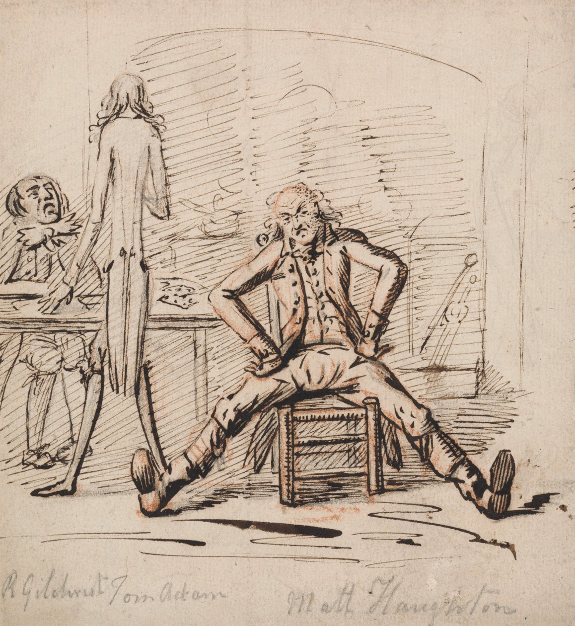 Trois hommes dans une pièce : Gilchrist assis à une table, Tom Adam debout, vu de dos, et Matt Haughton assis jambes écartées et bras akimbo devant un feu - George Shepheard