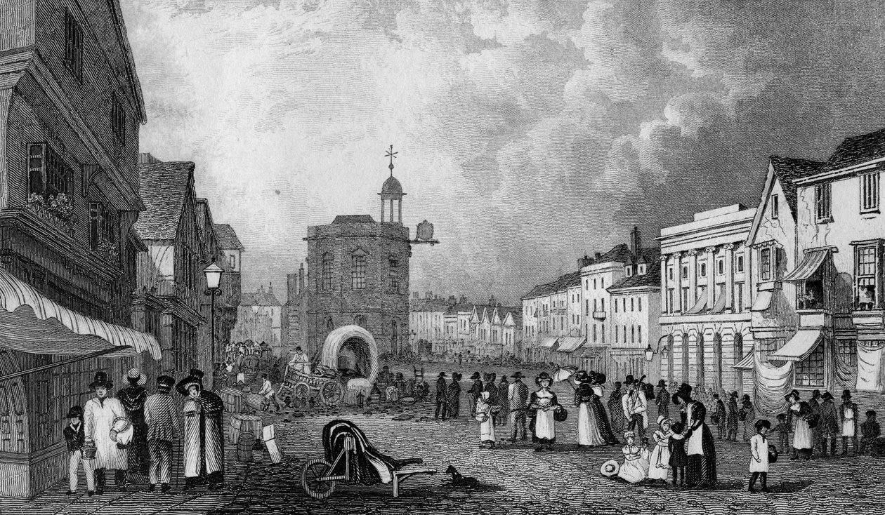 High Street, Maidstone, un jour de marché, gravé par S. Lacey, publié en 1832 - George Shepherd