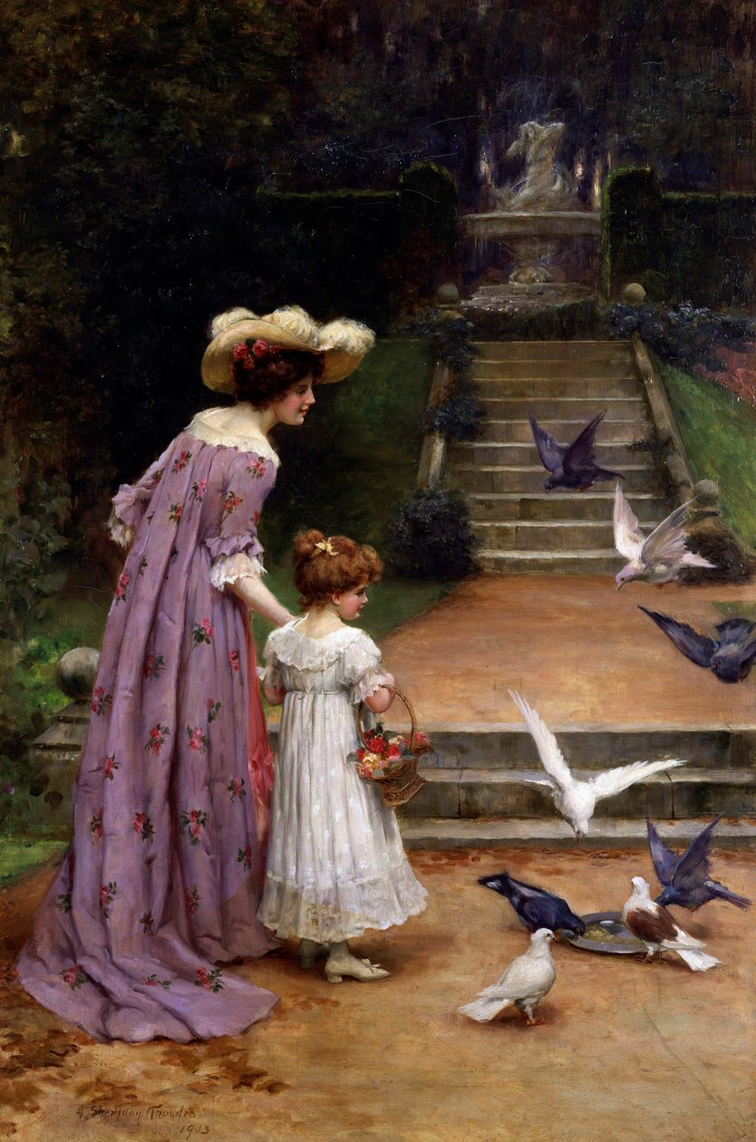 Feeding the Pigeons. Une mere et sa fille nourrisant les oiseaux dans un parc. Une fontaine est representee en haut des escaliers. Peinture de George Sheridan Knowles (1863-1931 British) Collection privee - George Sheridan Knowles