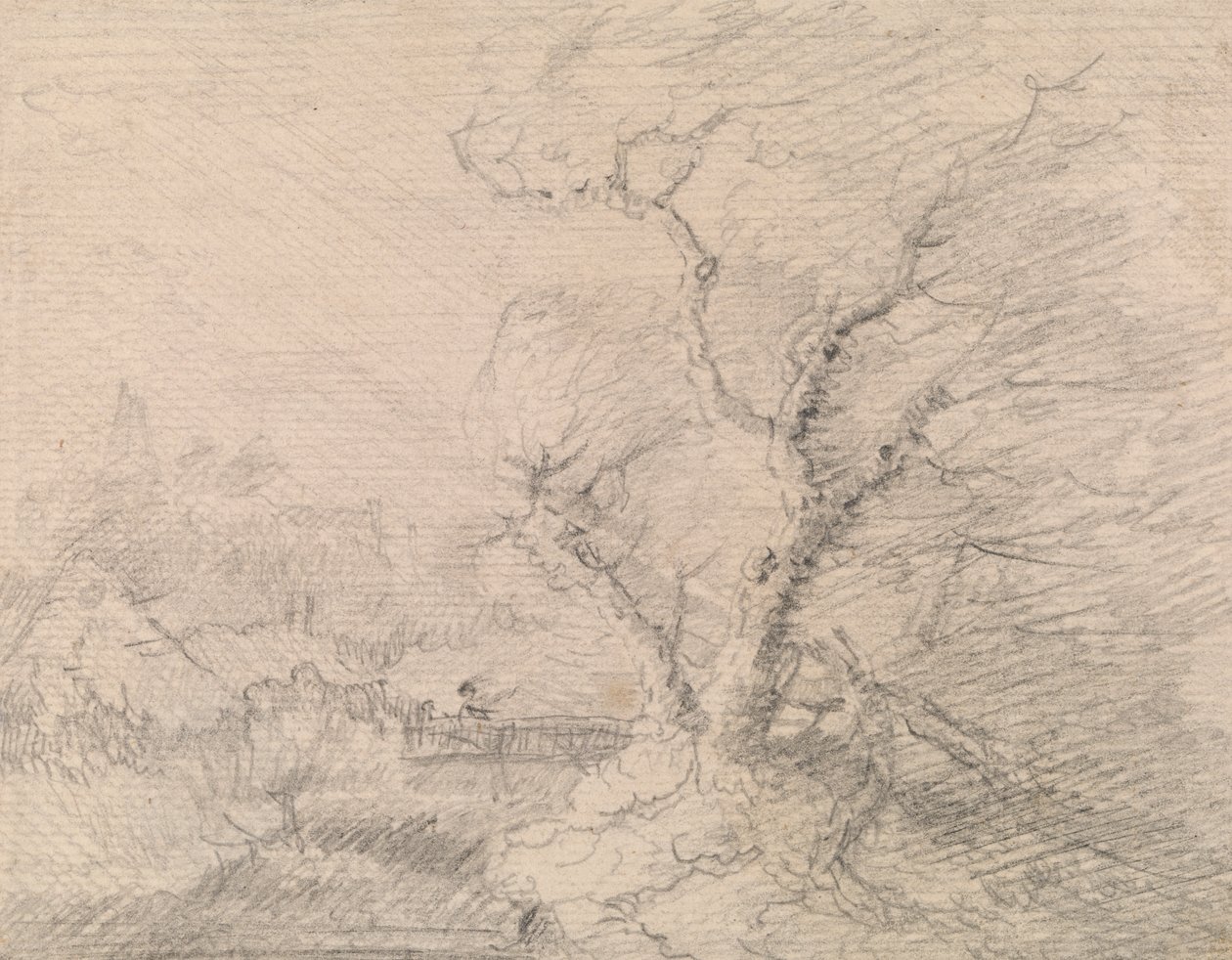 Paysage avec Pont de Bois et Grand Arbre - George Smith