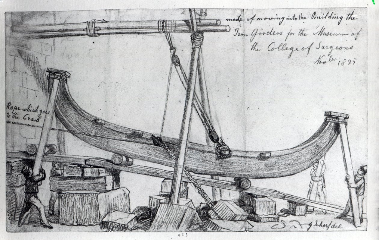 Déplacement des poutres de fer utilisées pour construire le musée Hunterian au Royal College of Surgeons, 1835 - George Snr Scharf