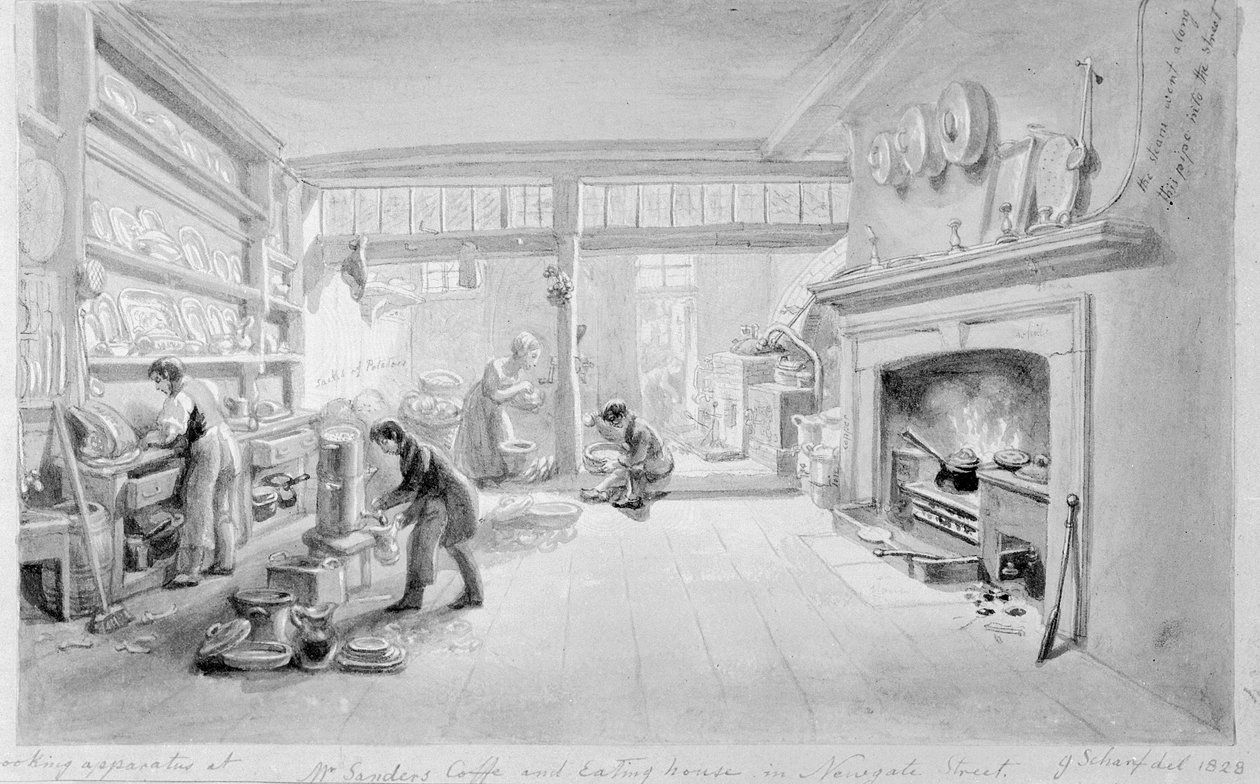 La Cuisine de la maison de café et de restauration de M. Sander, Newgate Street, 1828 - George Snr Scharf