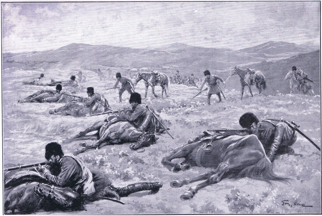 Un cosaque et son cheval : un dispositif pour se couvrir pendant une escarmouche, illustration de Cassells History of the Russo-Japanese War Vol 1, vers 1900 - George Soper