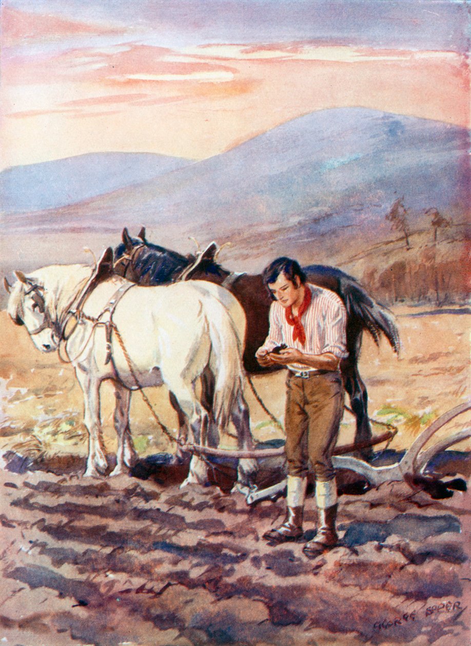 Robert Burns à la charrue (lithographie couleur) - George Soper