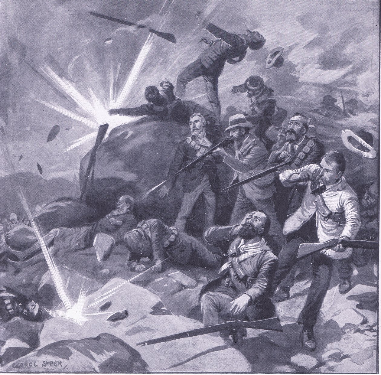 Le dernier combat de la police de Johannesburg à Bergendal, illustration de Après Pretoria : La guerre de guérilla, 1902 - George Soper