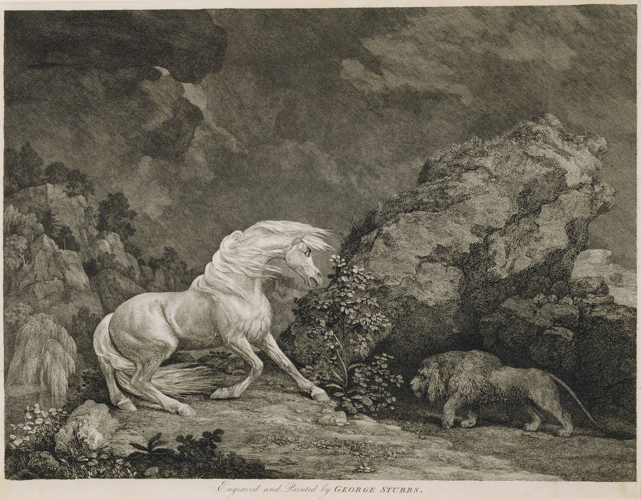 Un cheval effrayé par un lion, gravé par l