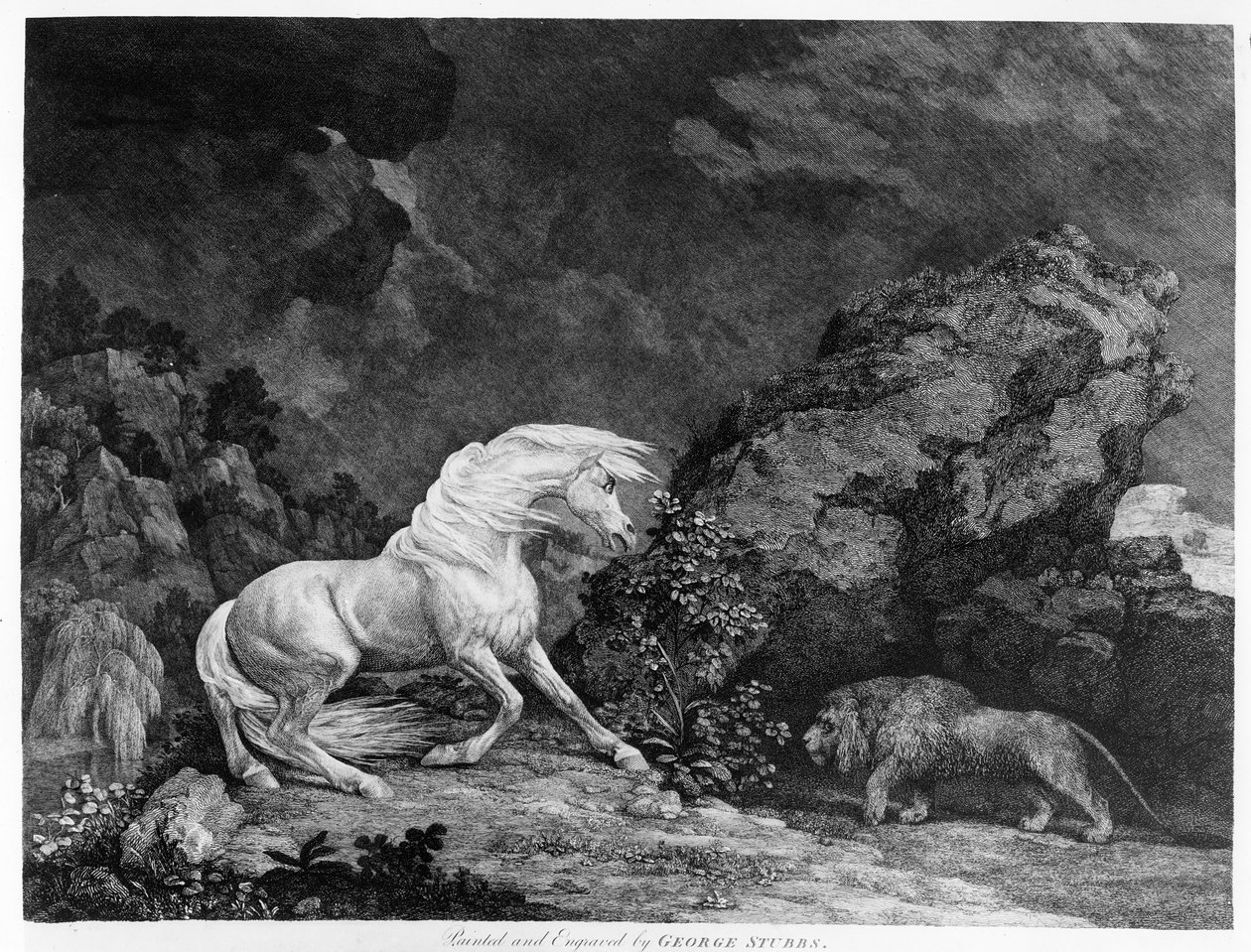 Un cheval effrayé par un lion, gravé par l