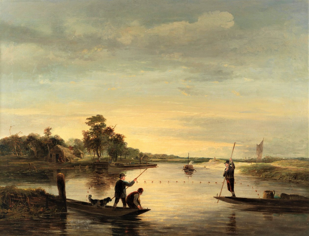 Vue sur les broads avec des hommes pêchant à partir de barques - George Vincent