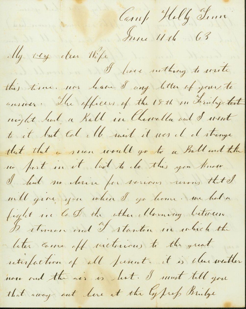 Lettre de George Wyckoff, Camp Holly, Tennessee, à Joséphine, 11 juin 1863 - George W. Wyckoff