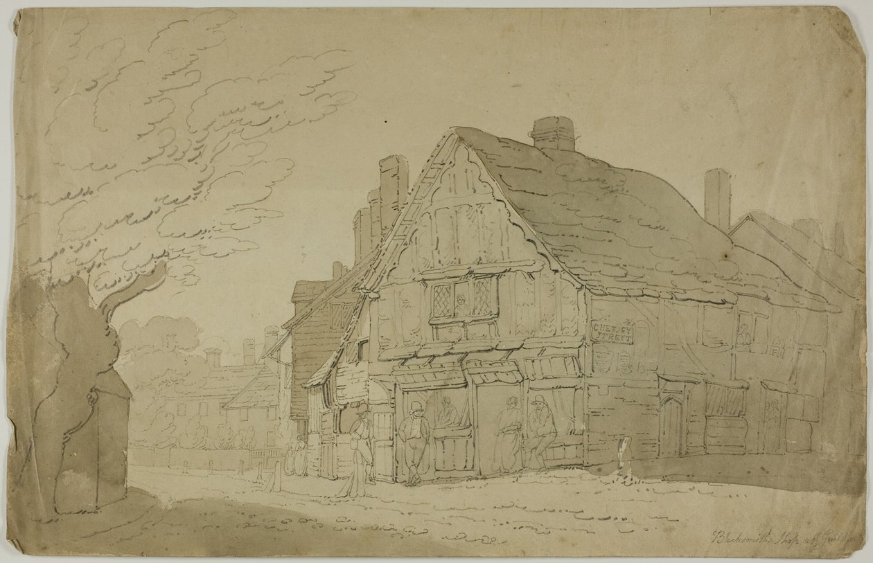 Atelier de forgeron à Guildford (recto) ; Esquisse de deux troncs d