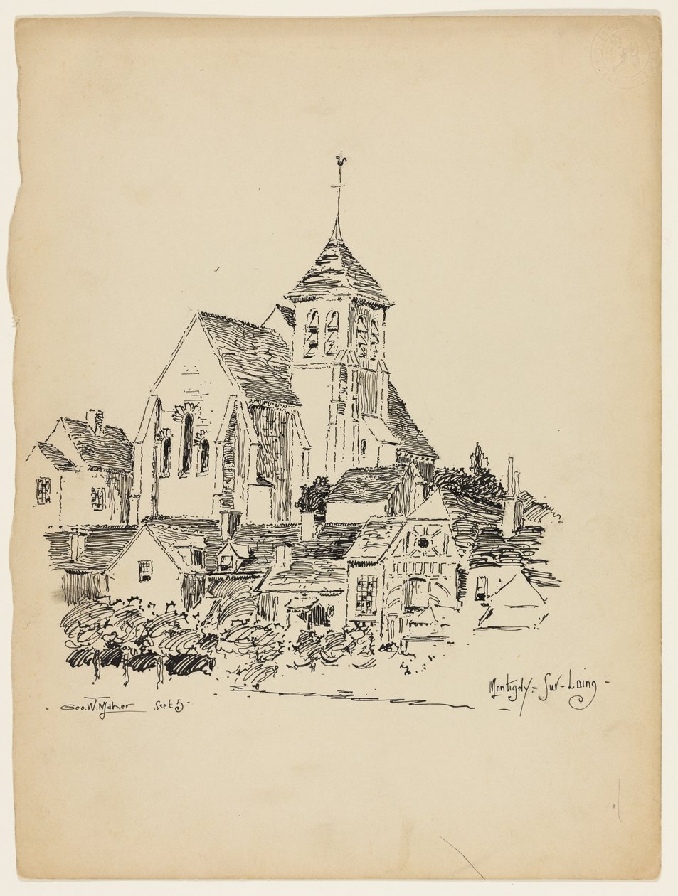 Église à Montigny-Sur-Loing, France, croquis de voyage - George Washington Maher