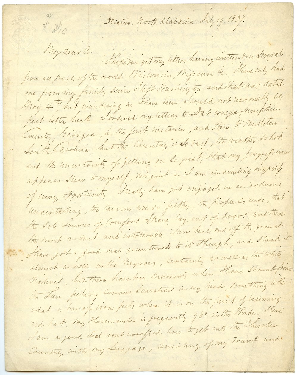 Lettre incomplète [de G.W. Featherstonhaugh], Decatur, NC, à Col. Abert [John James Abert], 19 juillet 1837 - George William Featherstonhaugh