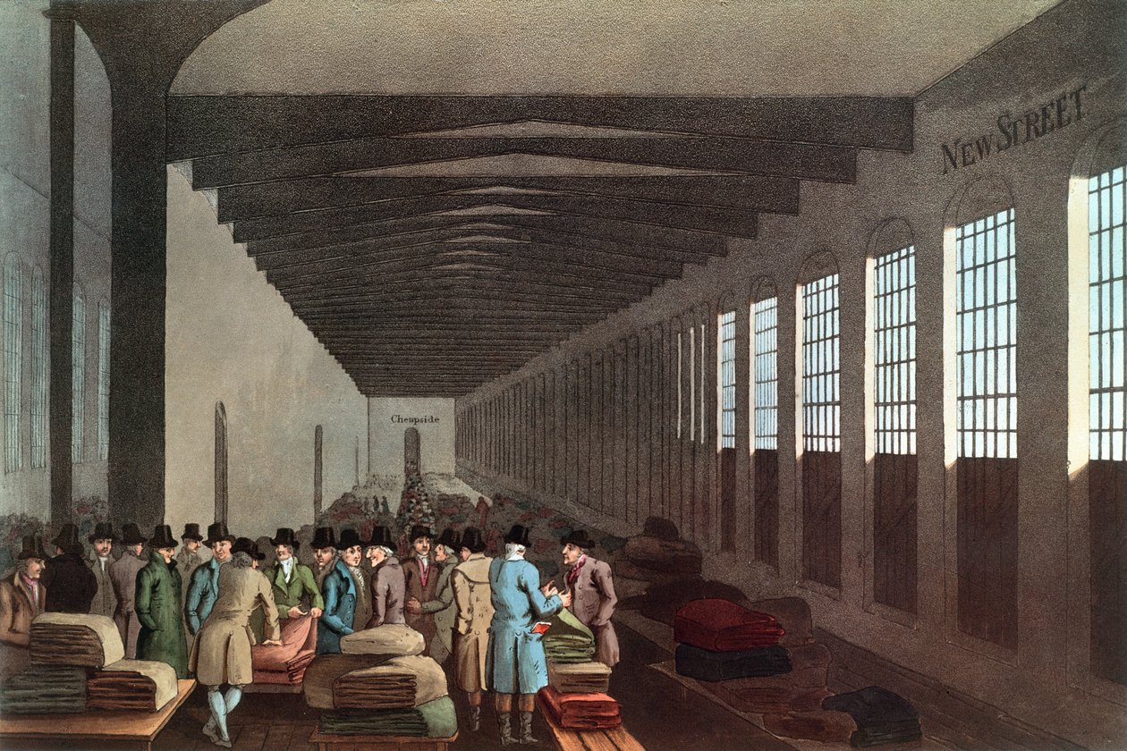 Cloth Hall, New Street, Londres, gravée par Robert Havell, pub. par Robinson & Son, Leeds, 1814 - George after Walker