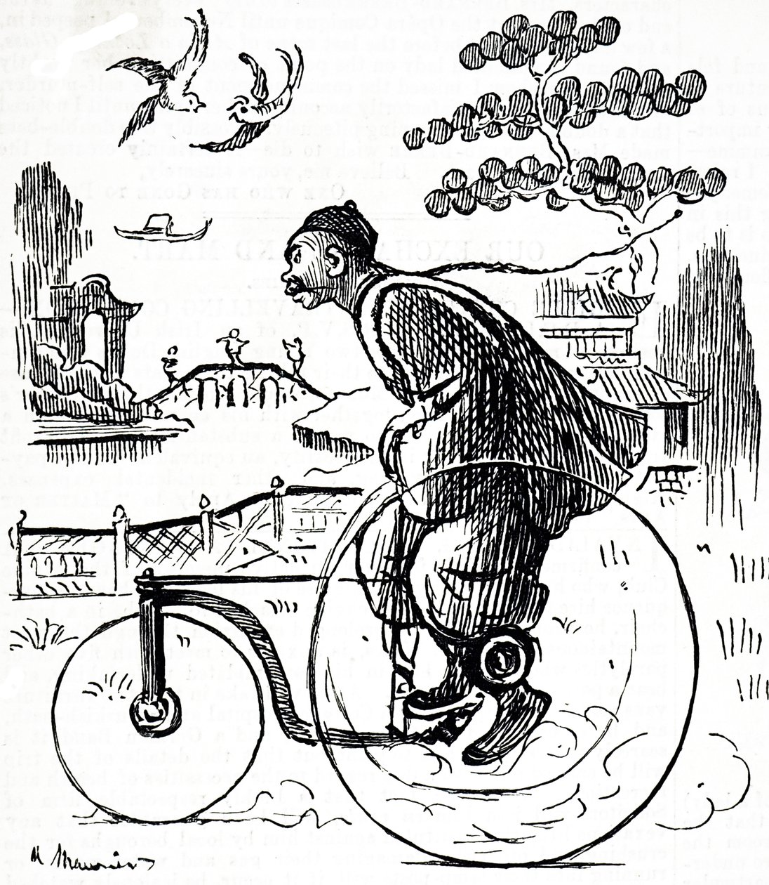 Dessin humoristique représentant un Chinois sur un tricycle dans un parc en Chine. Illustré par George du Maurier (1834-1896), caricaturiste et auteur franco-britannique - George du Maurier