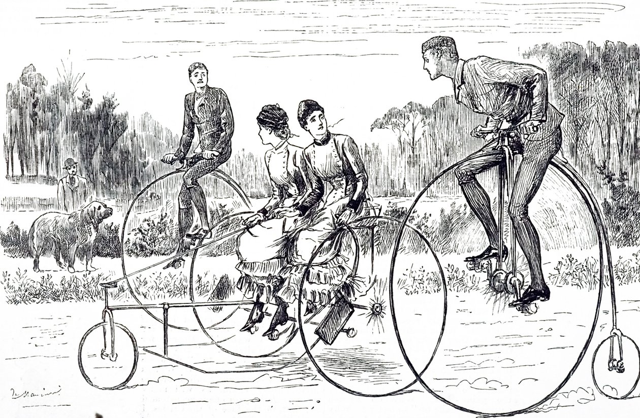 Une caricature représentant un groupe de jeunes gens faisant du tricycle. Illustré par George du Maurier (1834-1896) un caricaturiste et auteur franco-britannique - George du Maurier