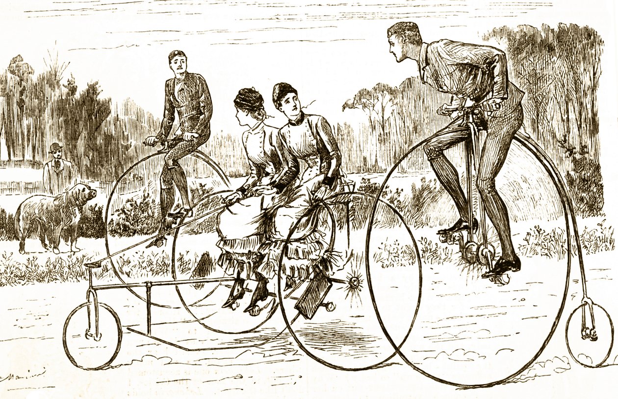 Dessin humoristique représentant un groupe de jeunes sur des tricycles. Illustré par George du Maurier (1834-1896), caricaturiste et auteur franco-britannique - George du Maurier