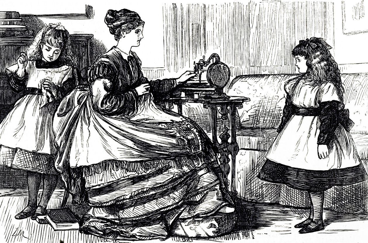 Une caricature représentant une jeune mère utilisant une machine à coudre. Illustré par George du Maurier (1834-1896) un caricaturiste et auteur franco-britannique - George du Maurier
