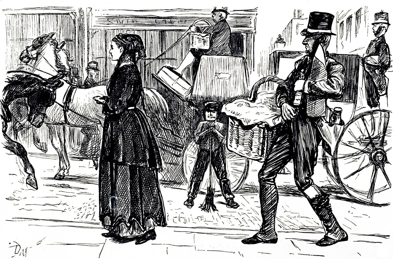 Une caricature représentant les débuts des magasins coopératifs. Illustré par George du Maurier (1834-1896) un caricaturiste et auteur franco-britannique - George du Maurier