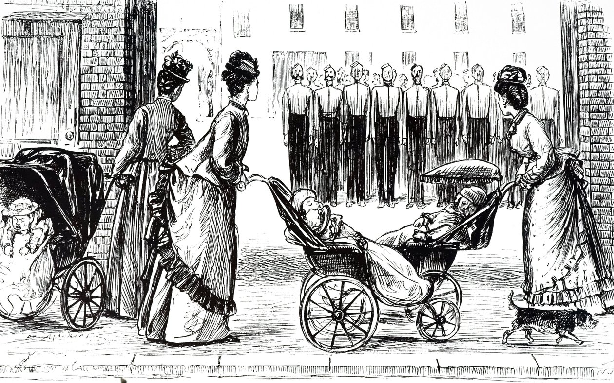 Une gravure représentant des nourrices poussant des enfants en landaus. Illustré par George du Maurier (1834-1896) un caricaturiste et auteur franco-britannique - George du Maurier