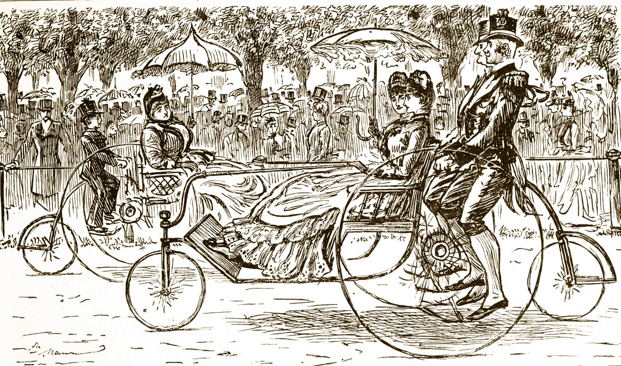 Une gravure représentant des passagers dans des carrioles à vélo. Illustré par George du Maurier (1834-1896) un caricaturiste et auteur franco-britannique - George du Maurier