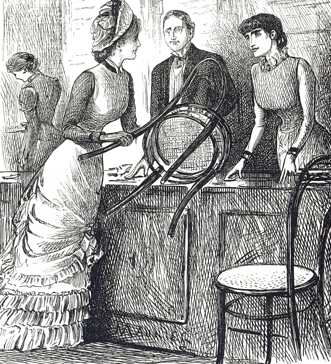 Caricature commentant les conditions de travail des employés de magasin - George du Maurier