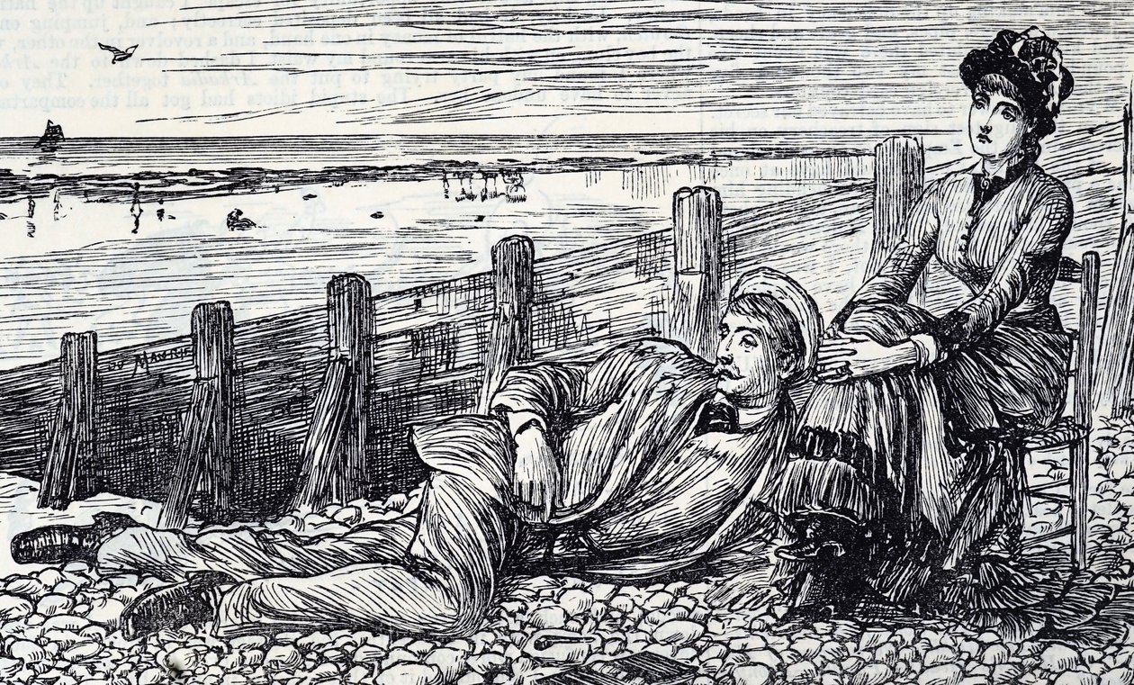 Caricature représentant un couple profitant de leur lune de miel sur une plage de galets - George du Maurier