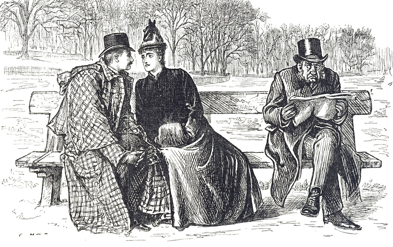 Caricature représentant un couple échangeant des mots tendres sur un banc de parc, tandis que l