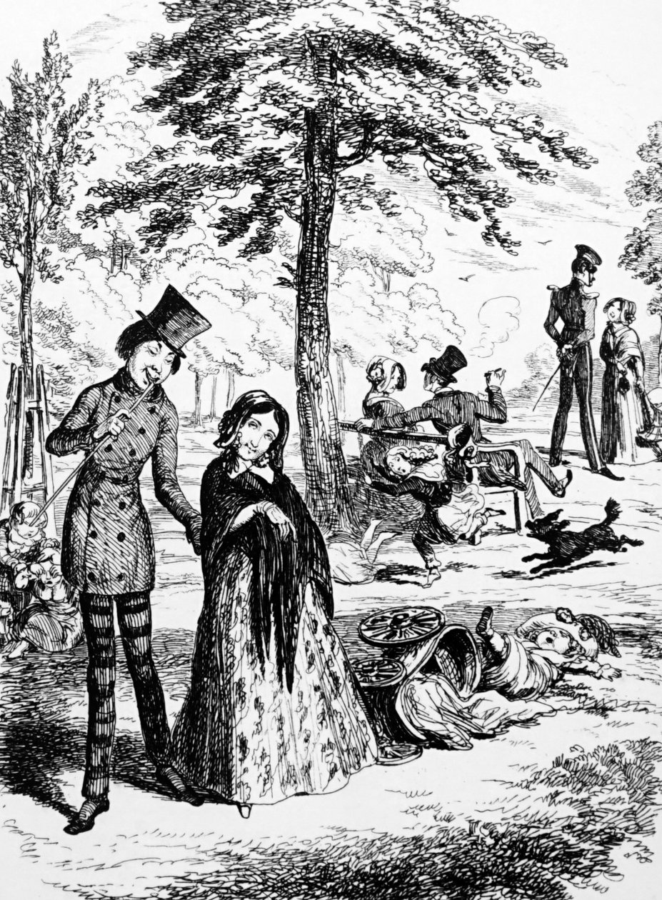 Dessin représentant une domestique marchant avec son amant par George du Maurier (1834-1896) un caricaturiste et auteur franco-britannique - George du Maurier