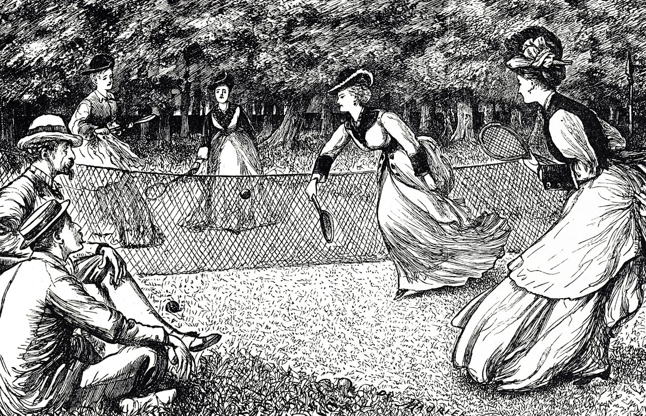 Dessin animé représentant un jeu de tennis sur gazon - George du Maurier