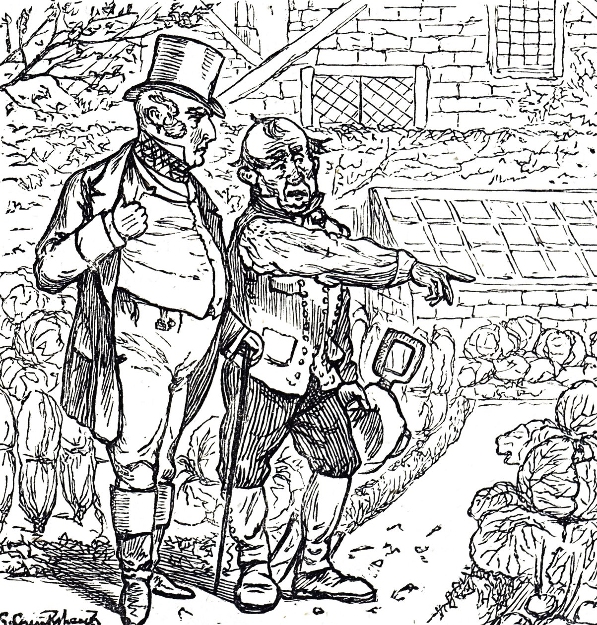 Caricature représentant un gentleman avec le jardinier dans le potager - George du Maurier