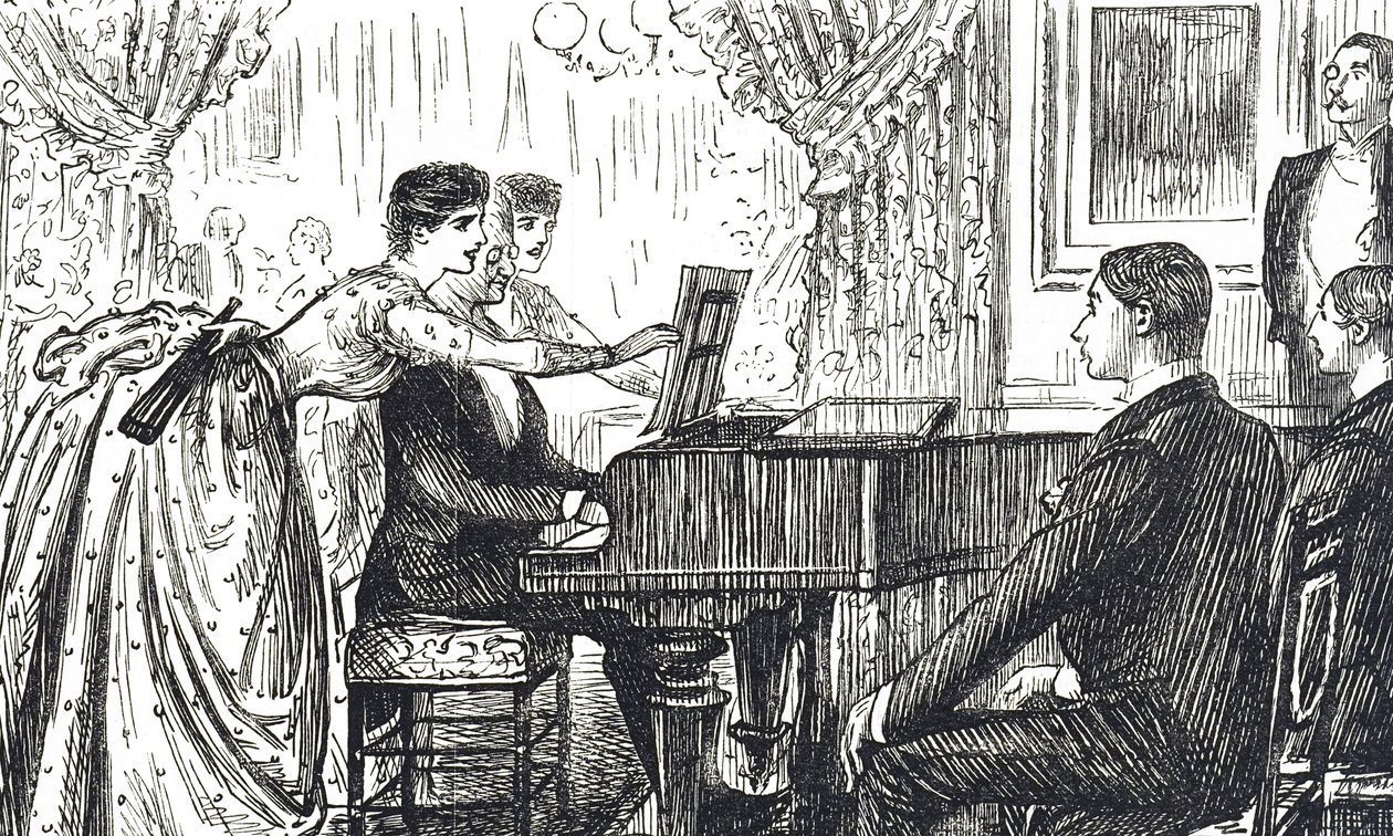 Dessin animé représentant une soirée musicale à la maison - George du Maurier