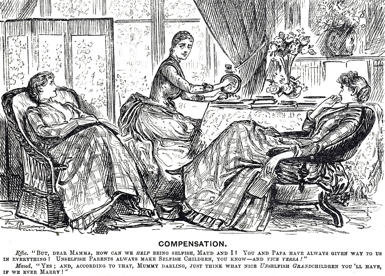 Dessin humoristique représentant une femme utilisant une machine à coudre à manivelle - George du Maurier