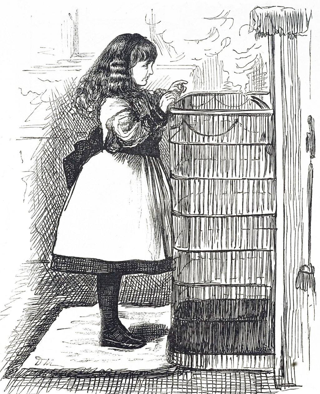 Dessin animé représentant une jeune fille debout devant un grand pare-feu - George du Maurier