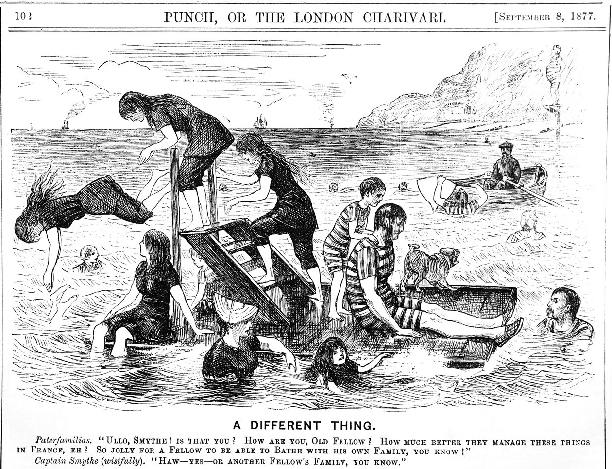 Dessin humoristique représentant des vacanciers profitant de vacances au bord de la mer en France - George du Maurier