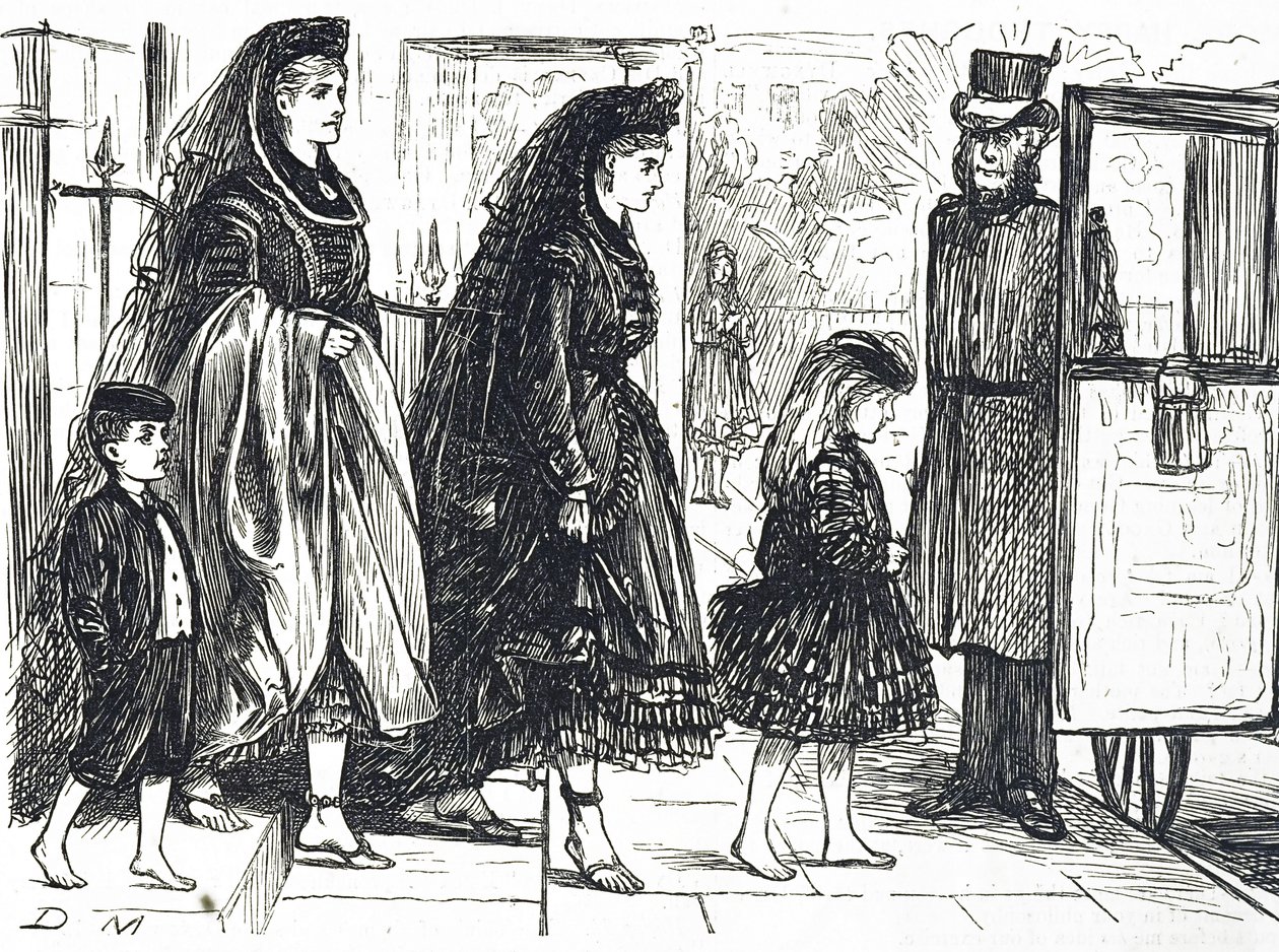 Caricature représentant des personnes utilisant des chaussures naturelles pour éviter les pieds déformés - George du Maurier