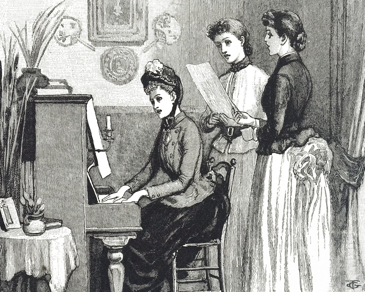 Gravure représentant des jeunes filles chantant dans le salon - George du Maurier