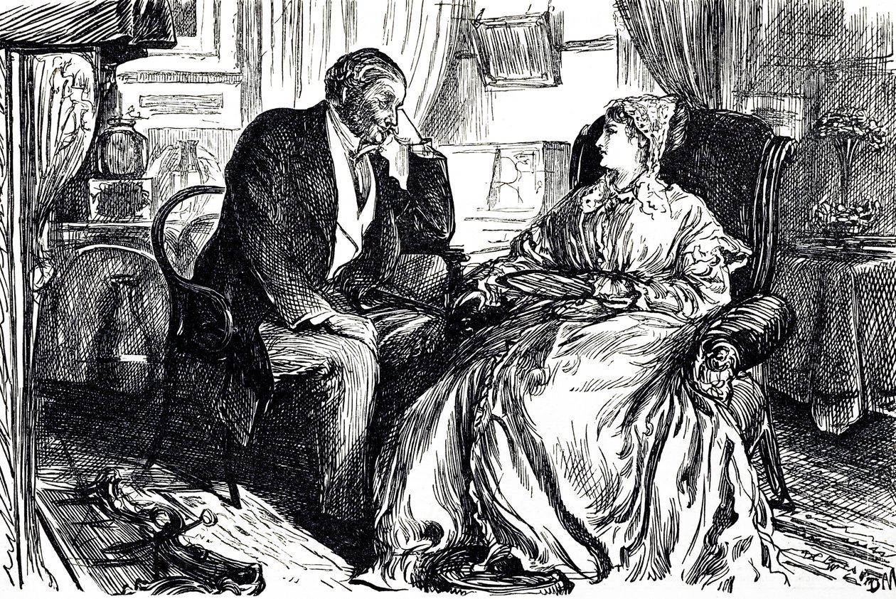 Caricature de Georges du Maurier illustrant un homme et une femme en conversation sur les bienfaits apaisants de l