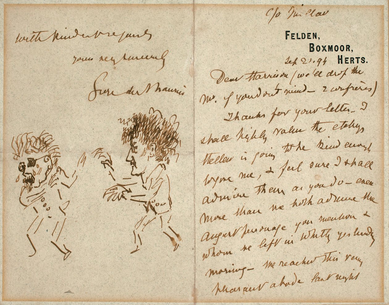 Lettre avec dessin de Whistler menaçant Du Maurier - George du Maurier