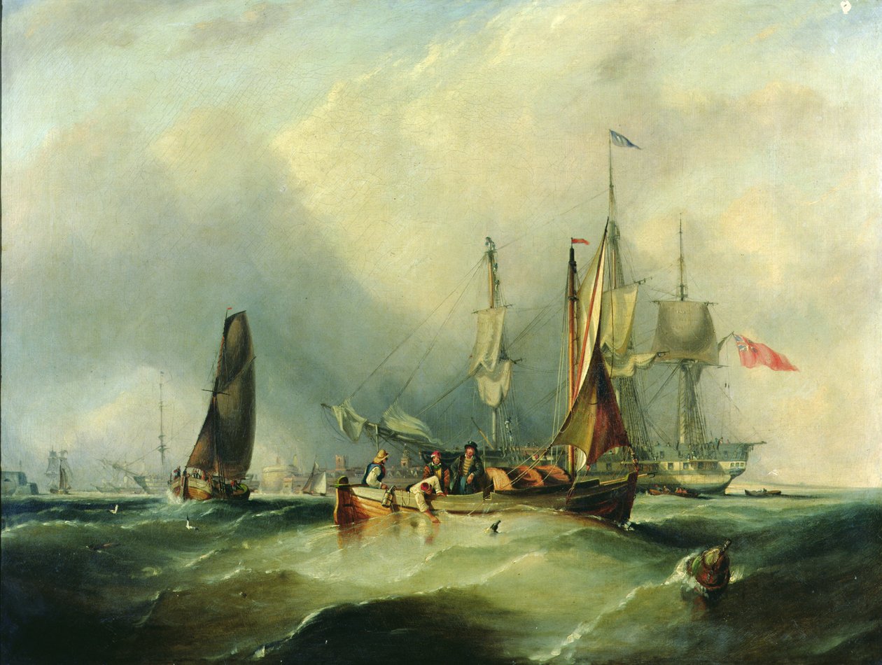 Un vaisseau de guerre et des bateaux de pêche au large de Southsea - George the Elder Chambers