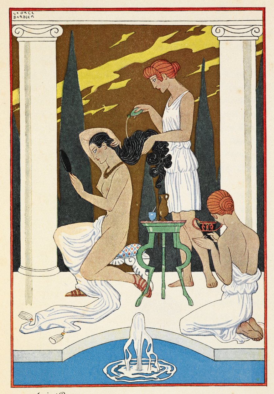 Rome antique. Un personnage se faisant laver les cheveux par des serviteurs. - Georges Barbier