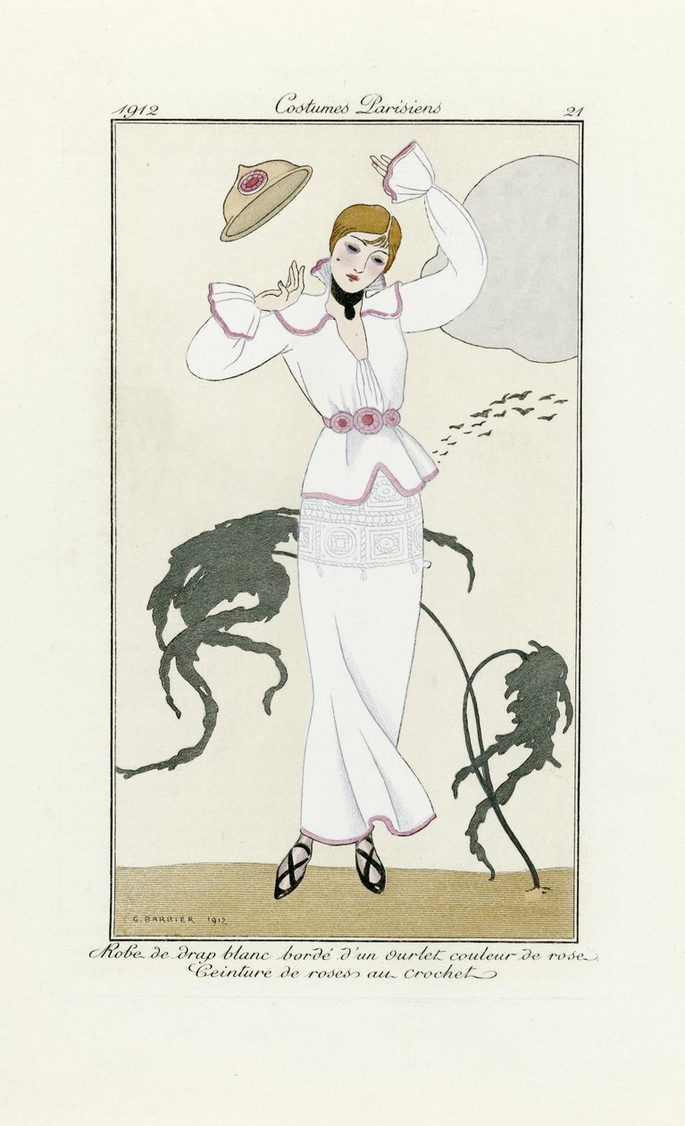 Conception pour Robe Blanche avec Garniture Rose et Ceinture en Crochet, de Costumes Parisien, pub.1912 - Georges Barbier