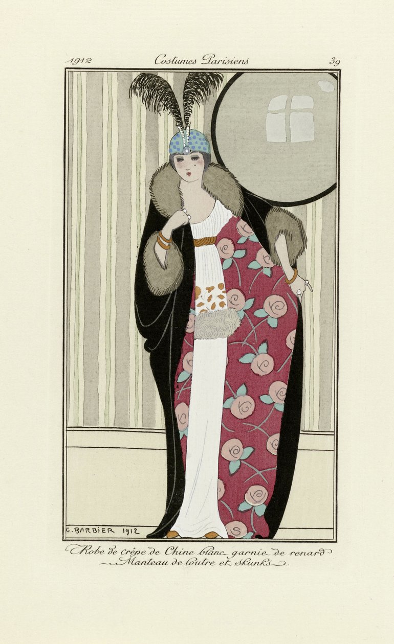 Design pour robe en crêpe de Chine et manteau de fourrure, de Costumes Parisien, pub.1912 - Georges Barbier
