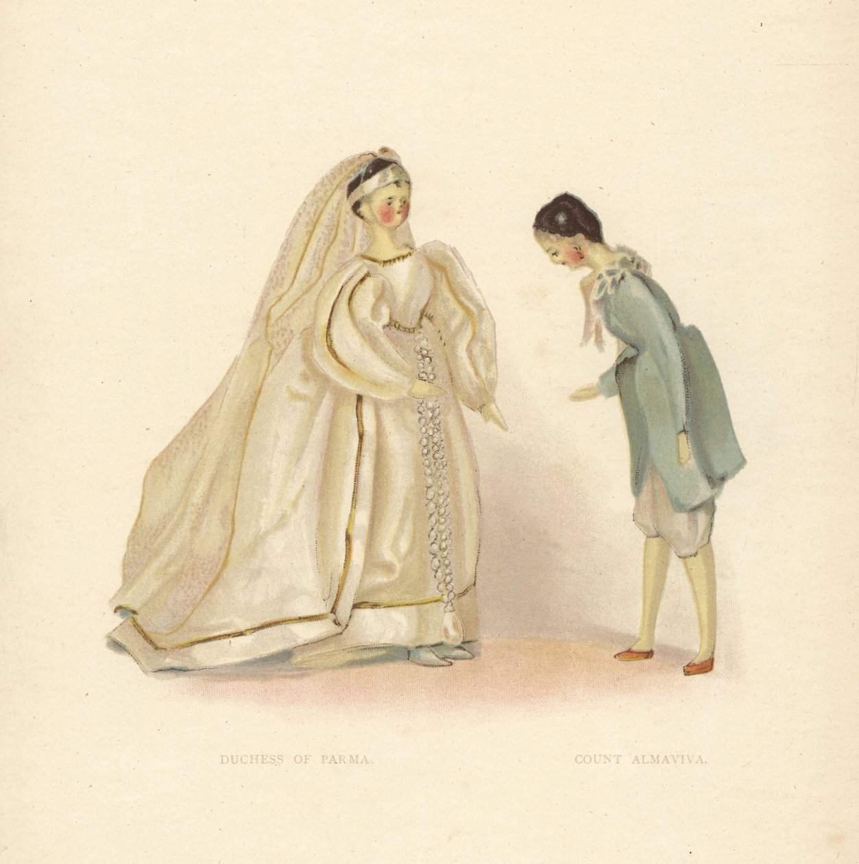 Poupées de la Duchesse de Parme et du Comte Almaviva, du Barbier de Séville, habillées par la jeune Princesse Victoria. Planche en couleur d