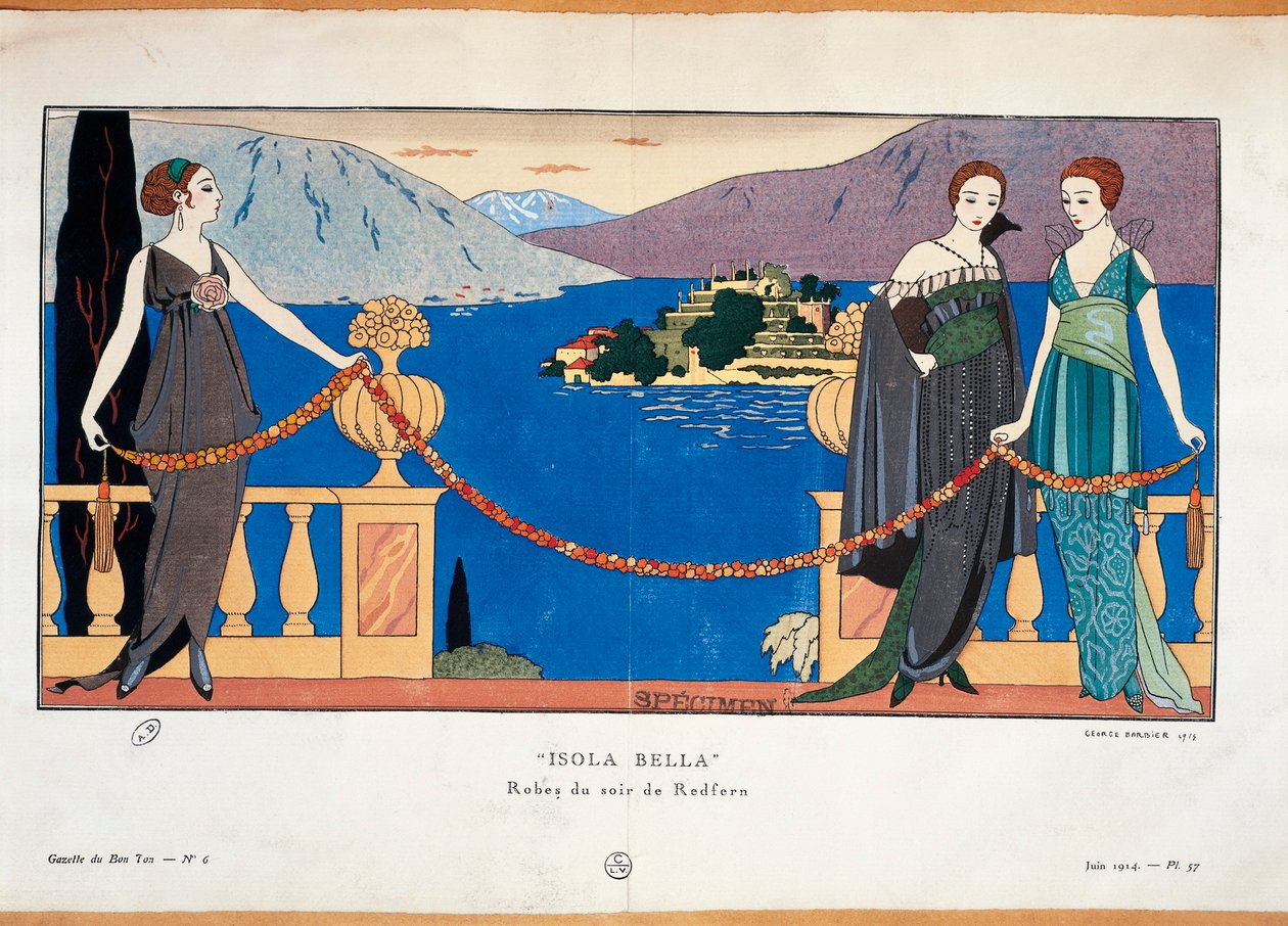 Planche de mode par Georges Barbier représentant des dames en robe de soirée Redfern et l