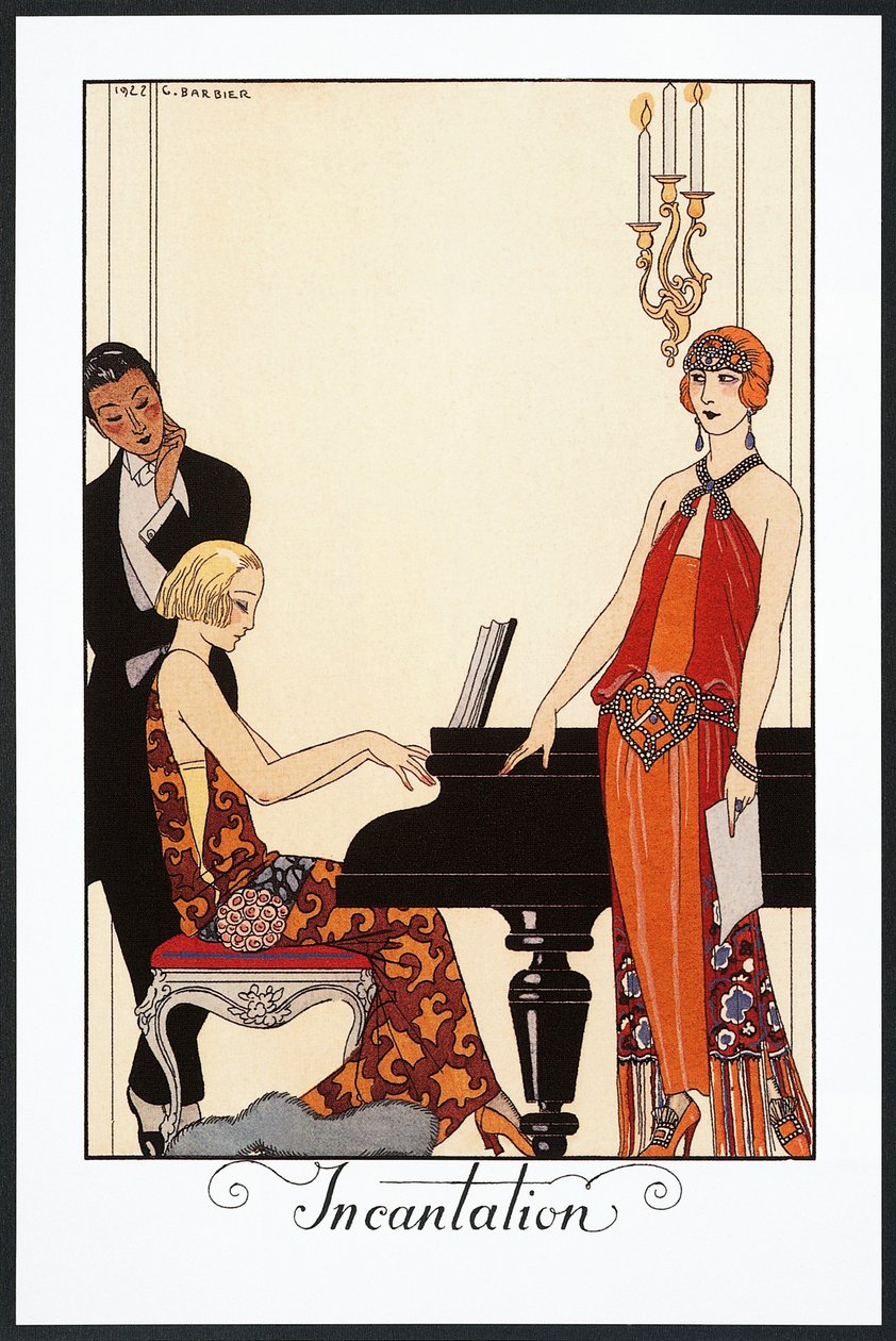 Incantation, pianiste et femme en robes de soirée, illustration de Falbalas et Fanfreluches, Almanach de 1923 - Georges Barbier