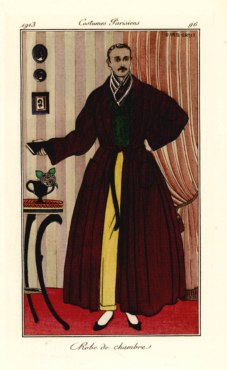 Homme en robe de chambre sur pantalon jaune et gilet vert. Robe de chambre. Pochoir coloré à la main d