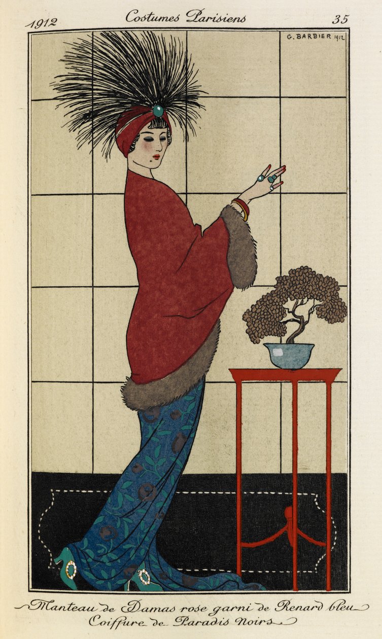 Manteau de Damas rose garni de Renard bleu Coiffure de Paradis noirs. Costumes Parisiens no.35 - Georges Barbier
