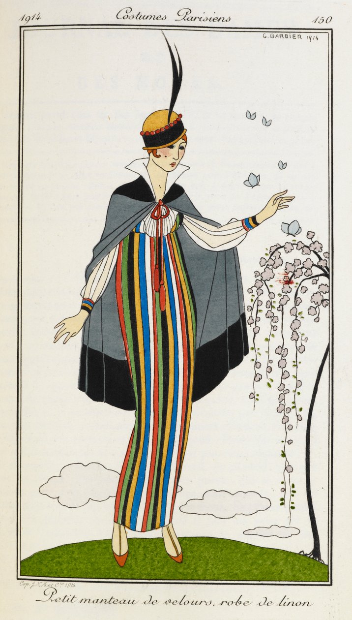 Petit manteau de velours, robe de linon. Femme portant un petit manteau de velours, avec une robe en lin rayée, des chaussures orange à barre en T, et un chapeau orné de noir et de rouge. Costumes Parisiens. - Georges Barbier