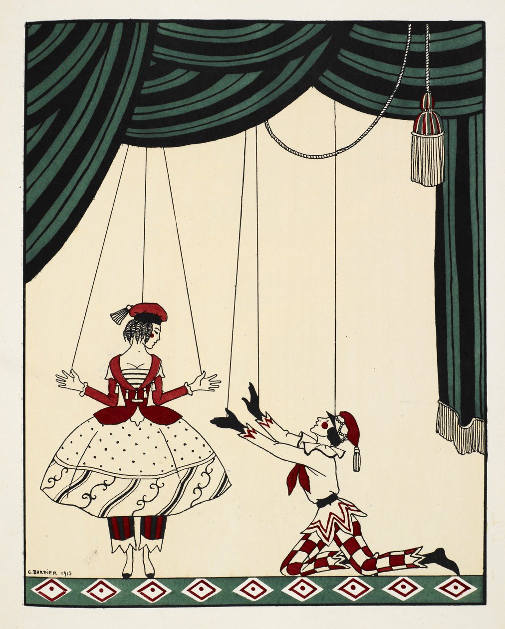 Scène de Petrouchka, un ballet avec musique du compositeur russe Stravinsky. Deux marionnettes sur scène, tenues par des fils. Le garçon est à genoux tendant la main vers la fille. Ils sont tous deux vêtus de tenues assorties rouges et blanches - Georges Barbier